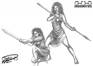 2 vackra kvinnor står beredda -en studie i tusch