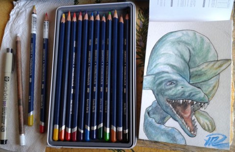 Julian's Mosasaurus utkast watercolor pencils akvarellpennor 23
