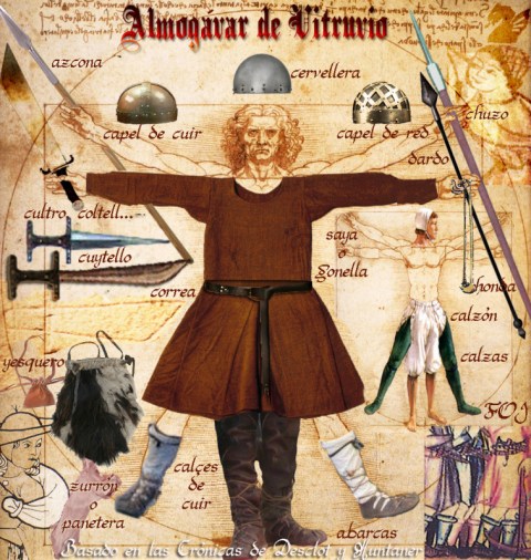 Illustration av Almogávars utrustning. Notera de föga "ridderliga" vapnen, som slaktarkniven/kortsvärdet Coltell eller Cuytello, och Azcona, kastpjuten.