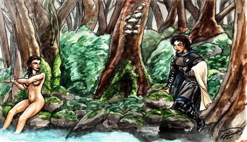 Kati & Corinna i skogstjärn akvarell m tuschpenna