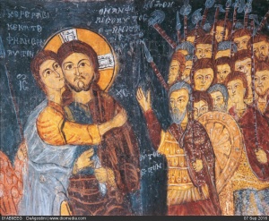 Fresco av "Judas Kyss" i Johanneskyrkan i Karsi Kilise från 1212, med varjager som de romerska krigsmännen i bakgrunden.